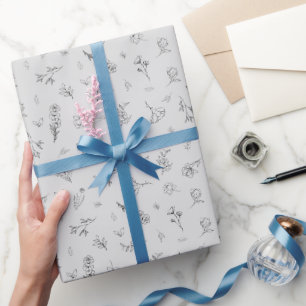 Sketched Wildflowers on Light Grey Wrapping Paper