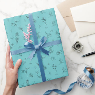Sketched Wildflowers on Light Teal Wrapping Paper