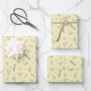 Sketched Wildflowers on Light Yellow Wrapping Paper Sheet