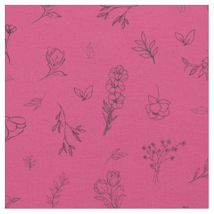 Sketched Wildflowers on Rose Pink Fabric