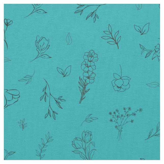 Sketched Wildflowers on Teal Fabric (Close Up)