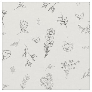 Sketched Wildflowers on White Fabric