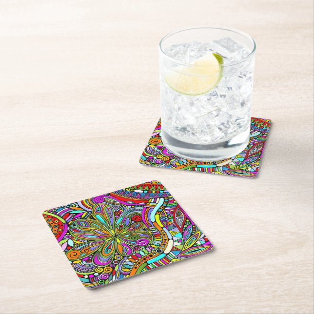 Sketching Fantasy Art - Abstract Flowers 1 Square Paper Coaster (Insitu)