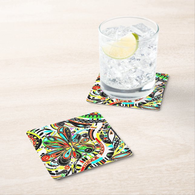 Sketching Fantasy Art - Abstract Flowers 3 Square Paper Coaster (Insitu)