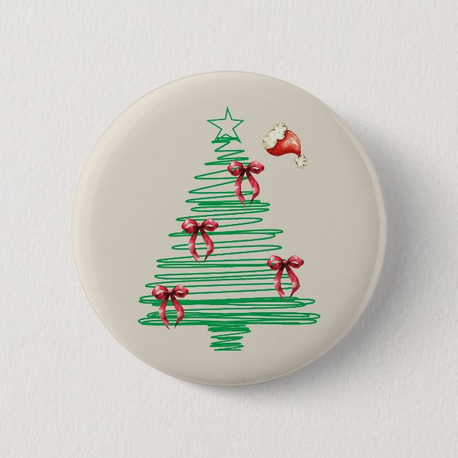 sketchy christmas tree with red bow and santa hat 6 cm round badge (Front)