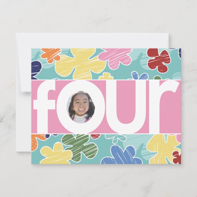 Sketchy Flowers 4th Birthday Party Pink Invitation (Front)