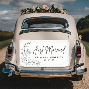 Sketchy Flowers Just Married Car Banner