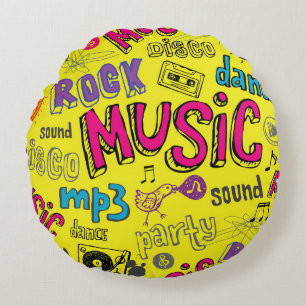 Sketchy Music Doodles Seamless Background Round Cushion