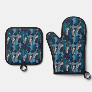 Sketchy Saxophone Grey Pattern Oven Mitt & Pot Holder Set