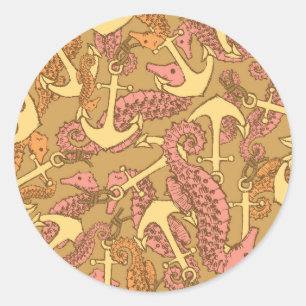 Sketchy Seahorse And Anchor Pattern Classic Round Sticker