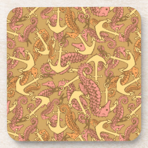 Sketchy Seahorse And Anchor Pattern Coaster