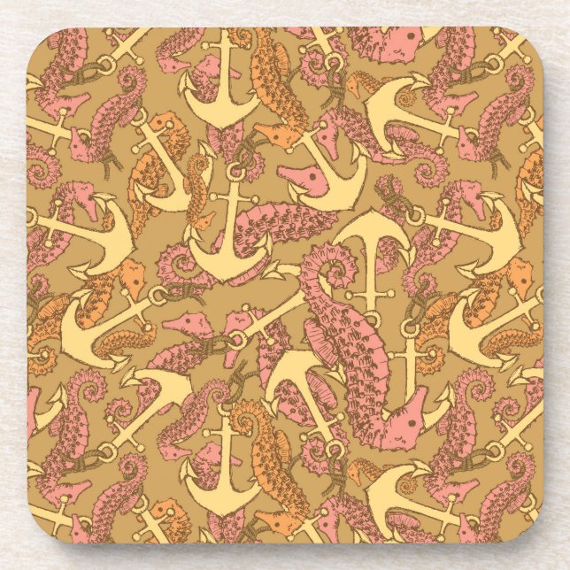Sketchy Seahorse And Anchor Pattern Coaster (Front)