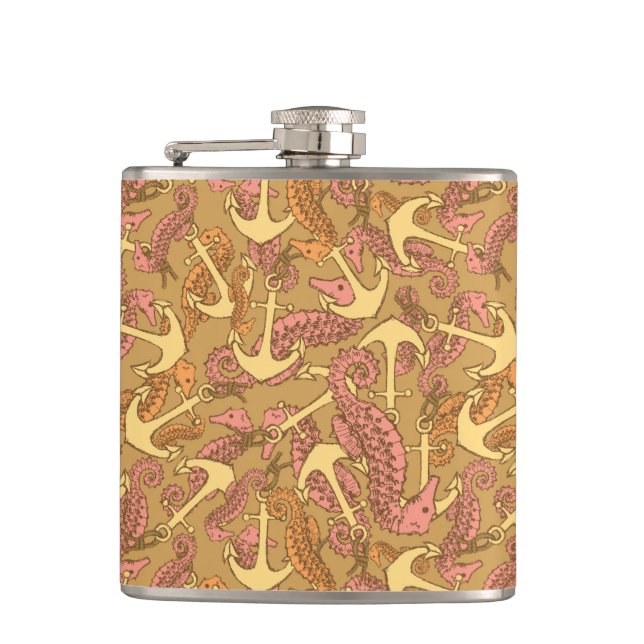 Sketchy Seahorse And Anchor Pattern Hip Flask (Front)