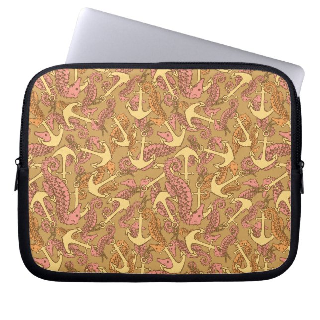 Sketchy Seahorse And Anchor Pattern Laptop Sleeve (Front)