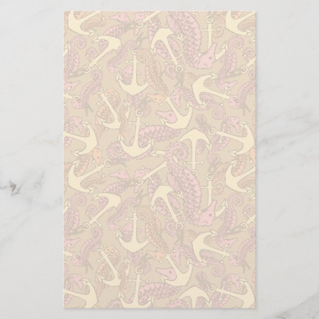 Sketchy Seahorse And Anchor Pattern Stationery (Front)