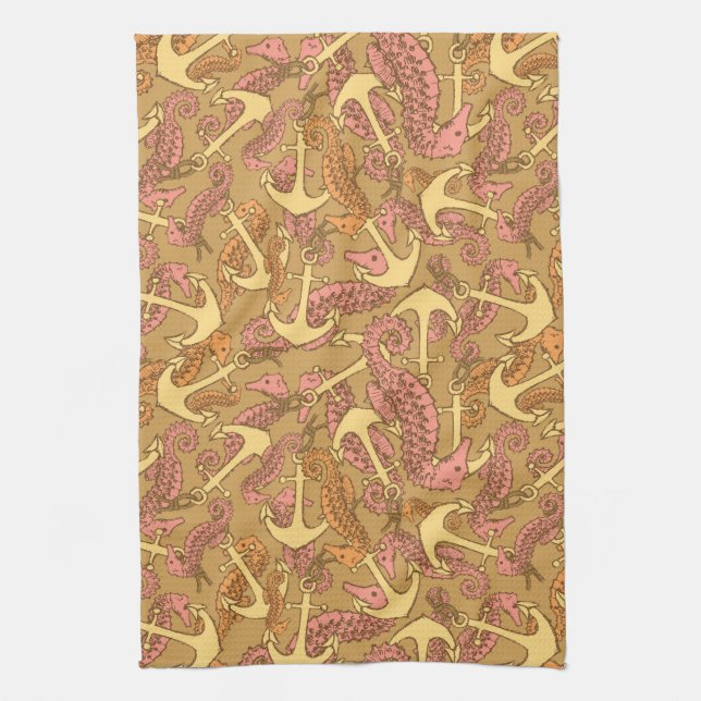 Sketchy Seahorse And Anchor Pattern Tea Towel (Vertical)