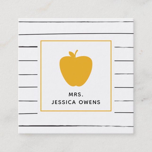 Sketchy Stripes Golden Yellow Apple Teacher Square Business Card (Front)