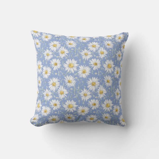 Sketchy White Daisies on Blue Cushion (Front)