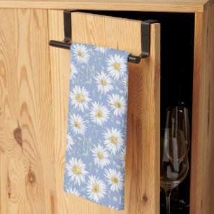 Sketchy White Daisies on Blue Tea Towel