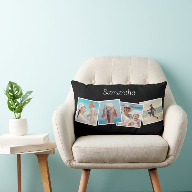 Skewed 4 Photo Collage Personalised Black Lumbar Cushion (Chair)