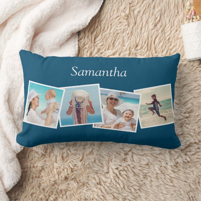 Skewed 4 Photo Collage Personalised Custom Colour Lumbar Cushion (Blanket)