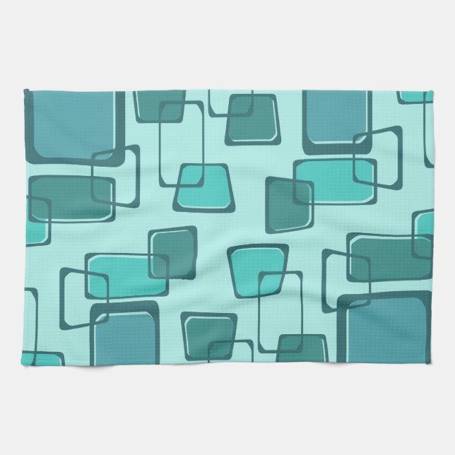 Skewed Squares Midcentury Turquoise Tea Towel (Horizontal)