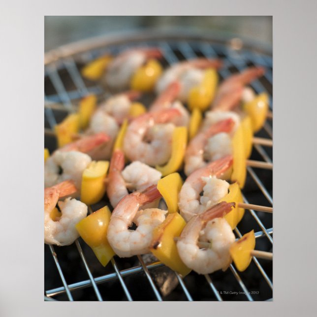 Skewer with grilled shrimps and pepper Sweden. Poster (Front)