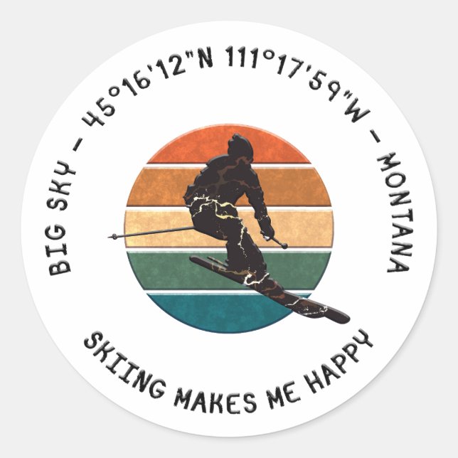 Ski Big Sky, Montana - Man Skier, Black Text Classic Round Sticker (Front)