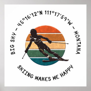 Ski Big Sky, Montana - Woman Skier, Black Text Poster