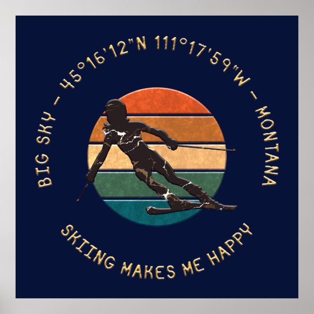 Ski Big Sky, Montana - Woman Skier, Golden Text Poster (Front)