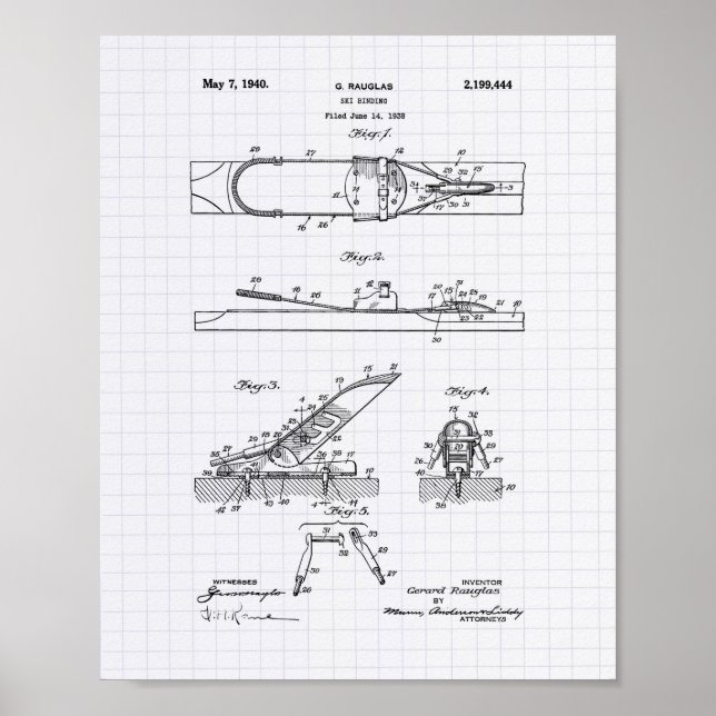 Ski Binding 1940 Patent Art - Lined Peper Poster (Front)