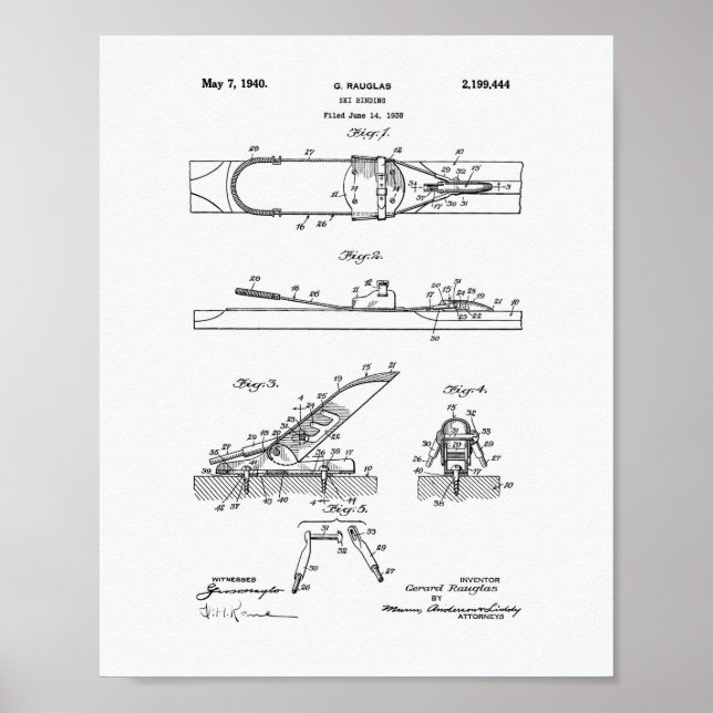 Ski Binding 1940 Patent Art - White Paper Poster (Front)