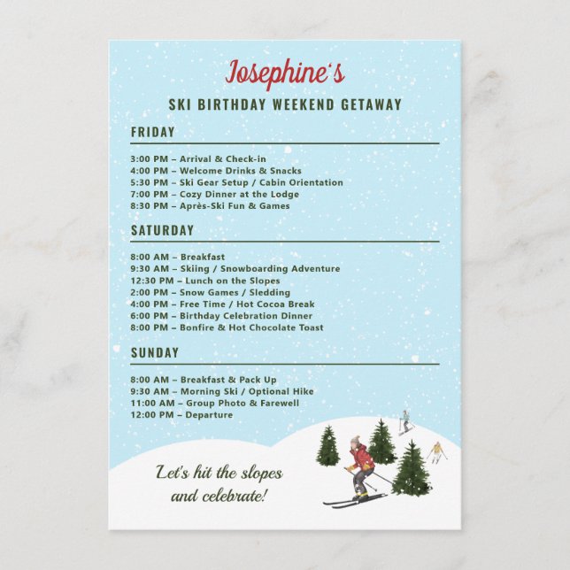 Ski Birthday Trip Weekend Getaway Itinerary Enclosure Card (Front)