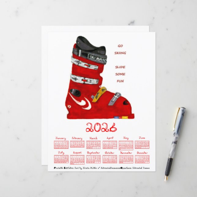 Ski Boot Go Skiing Slide Some Fun 2026 Calendar (Front/Back In Situ)