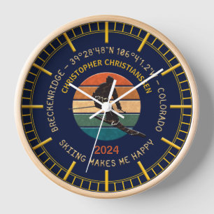 Ski Breckenridge, Colorado - Man Skier Golden Text Clock