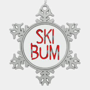 Ski Bum Skis Snowflake Pewter Christmas Ornament