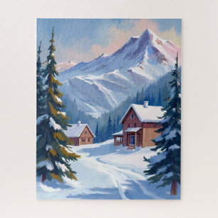 Ski Cabin Mountain Landscape Watercolor Winter Jigsaw Puzzle
