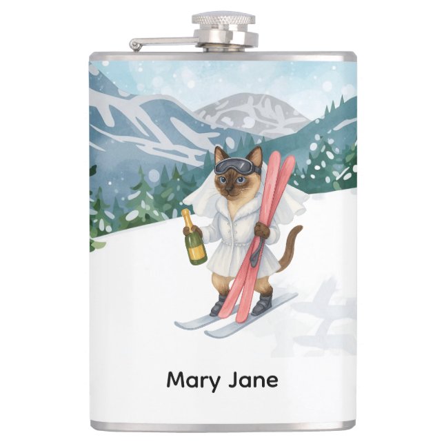 Ski Cat is skiing in Pink Bachelorette Party  Hip Flask (Front)