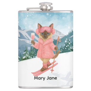 Ski Cat is skiing in Pink Bachelorette Party Hip Flask