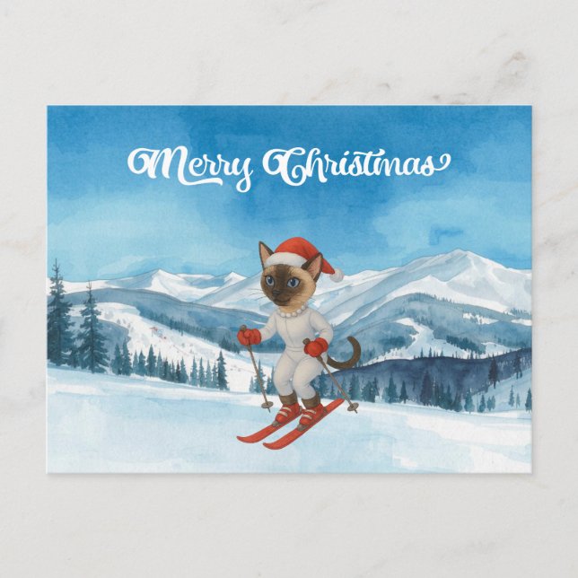Ski Christmas for Cat Santa Claus Siamese Cat fan Holiday Postcard (Front)