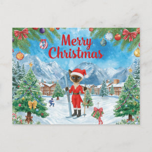 Ski Christmas for Cat Santa Claus Siamese Cat fan Holiday Postcard
