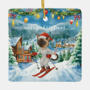Ski Christmas for Santa Siamese Cat Lovers Snowy Ceramic Ornament
