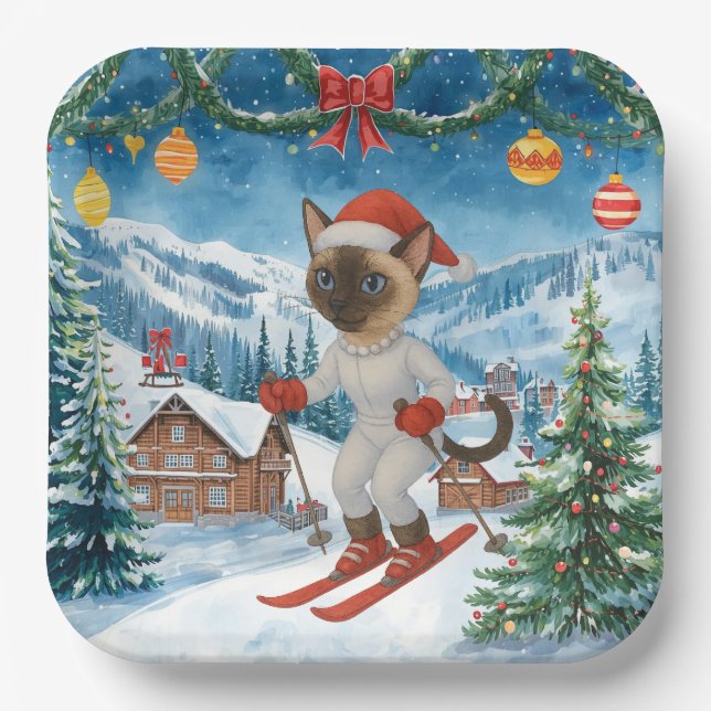 Ski Christmas for Santa Siamese Cat Lovers Snowy  Paper Plate (Front)