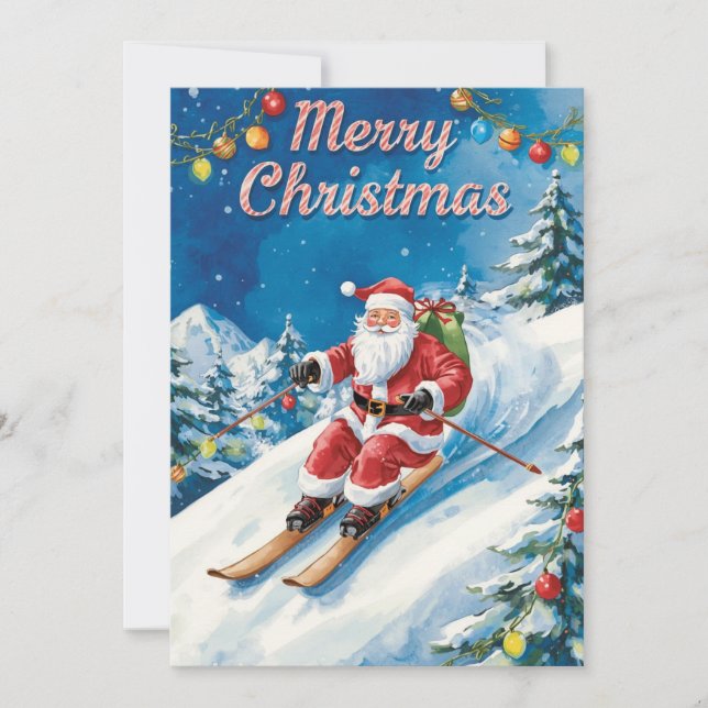 Ski Christmas with Santa Claus on the mountain  Holiday Card (Front)