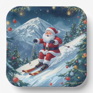 Ski Christmas with Santa Claus on the mountain Paper Plate