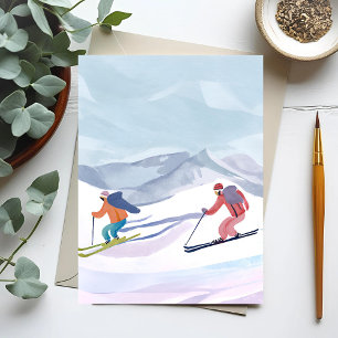 Ski Day   Watercolor Winter Mountain Holiday Card