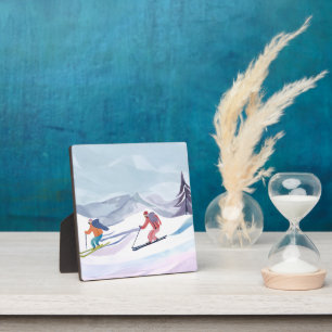 Ski Day Watercolor Winter Mountain Painting Plaque