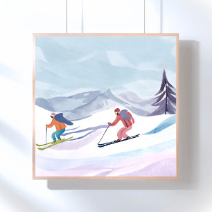 Ski Day   Watercolor Winter Mountain Poster