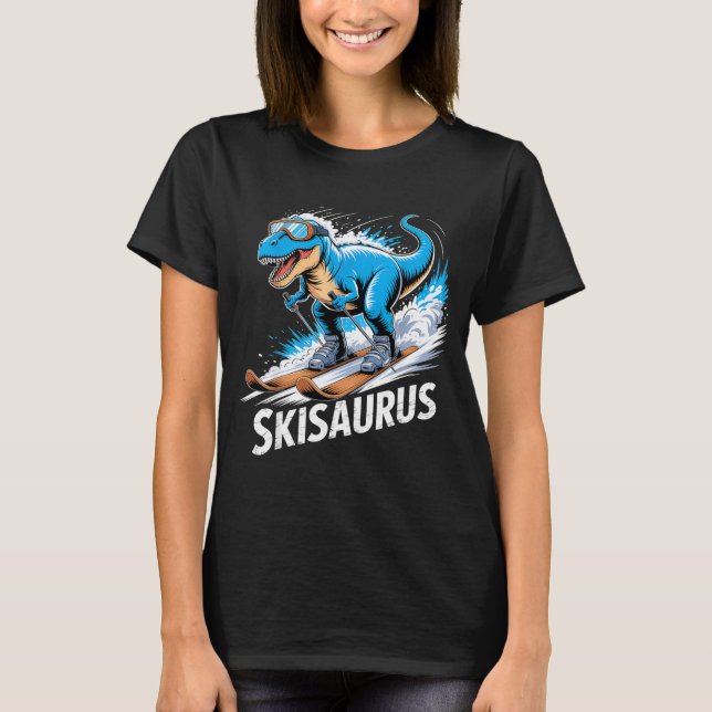 Ski Dinosaur Winter Sport Skier Dino Funny Skiing  T-Shirt (Front)
