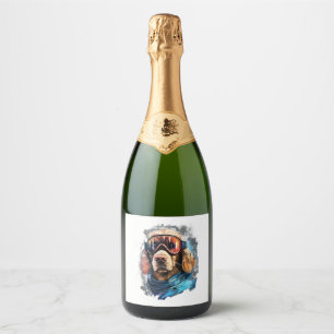 Ski Dog in Ski Googles  6 Sparkling Wine Label
